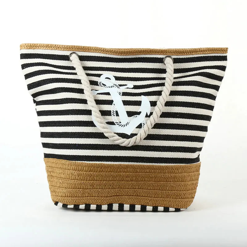 Navy Style Canvas Tote Bag with Straw Weave Beach Shopping Bag