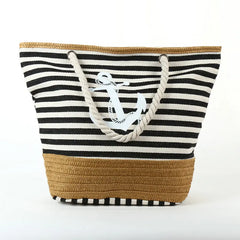 Navy Style Canvas Tote Bag with Straw Weave Beach Shopping Bag