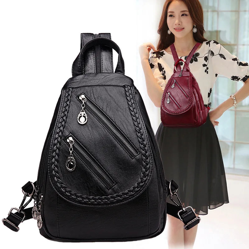 Double Zippered Women Small Backpack PU Leather Travel Back Pack Mini School
