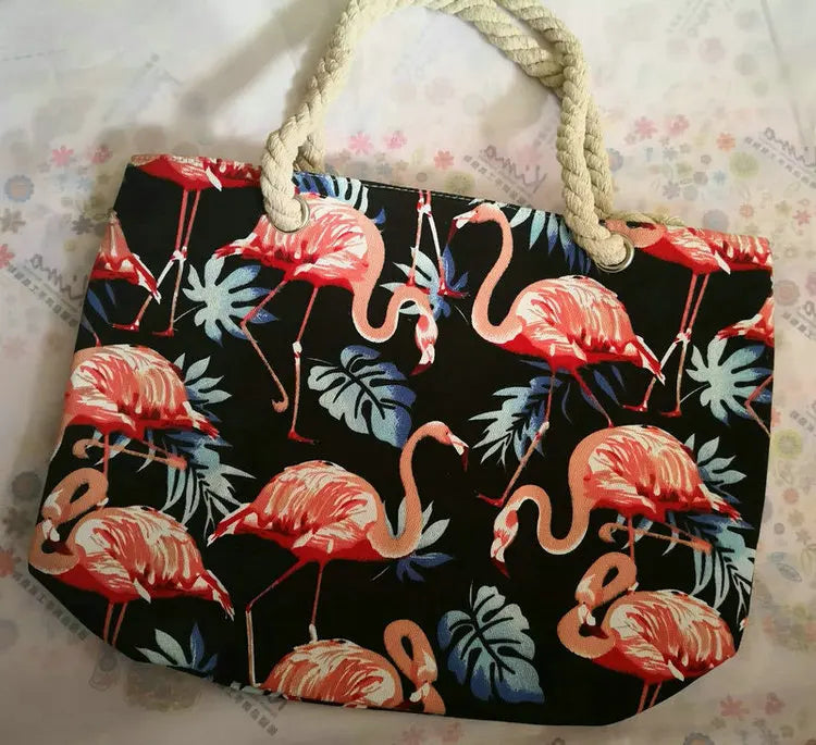 Flamingo Leaves Canvas Tote Handbag Women Summer Shopping Bag