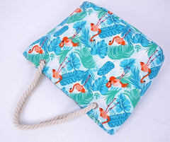 Flamingo Leaves Canvas Tote Handbag Women Summer Shopping Bag