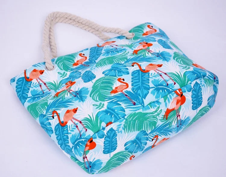 Flamingo Leaves Canvas Tote Handbag Women Summer Shopping Bag