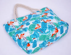 Flamingo Leaves Canvas Tote Handbag Women Summer Shopping Bag