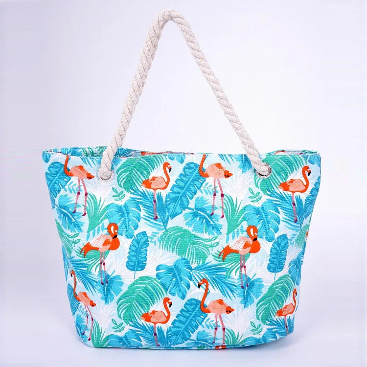 Flamingo Leaves Canvas Tote Handbag Women Summer Shopping Bag