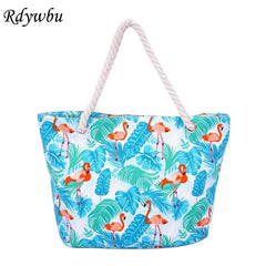 Flamingo Leaves Canvas Tote Handbag Women Summer Shopping Bag