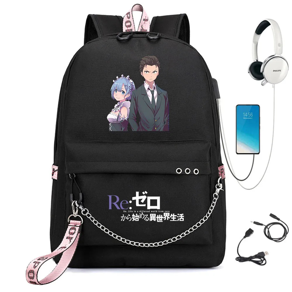 Re:Zero Nylon Backpack USB Schoolbag Teen Knapsack Bookbag