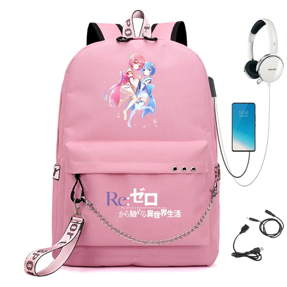 Re:Zero Nylon Backpack USB Schoolbag Teen Knapsack Bookbag