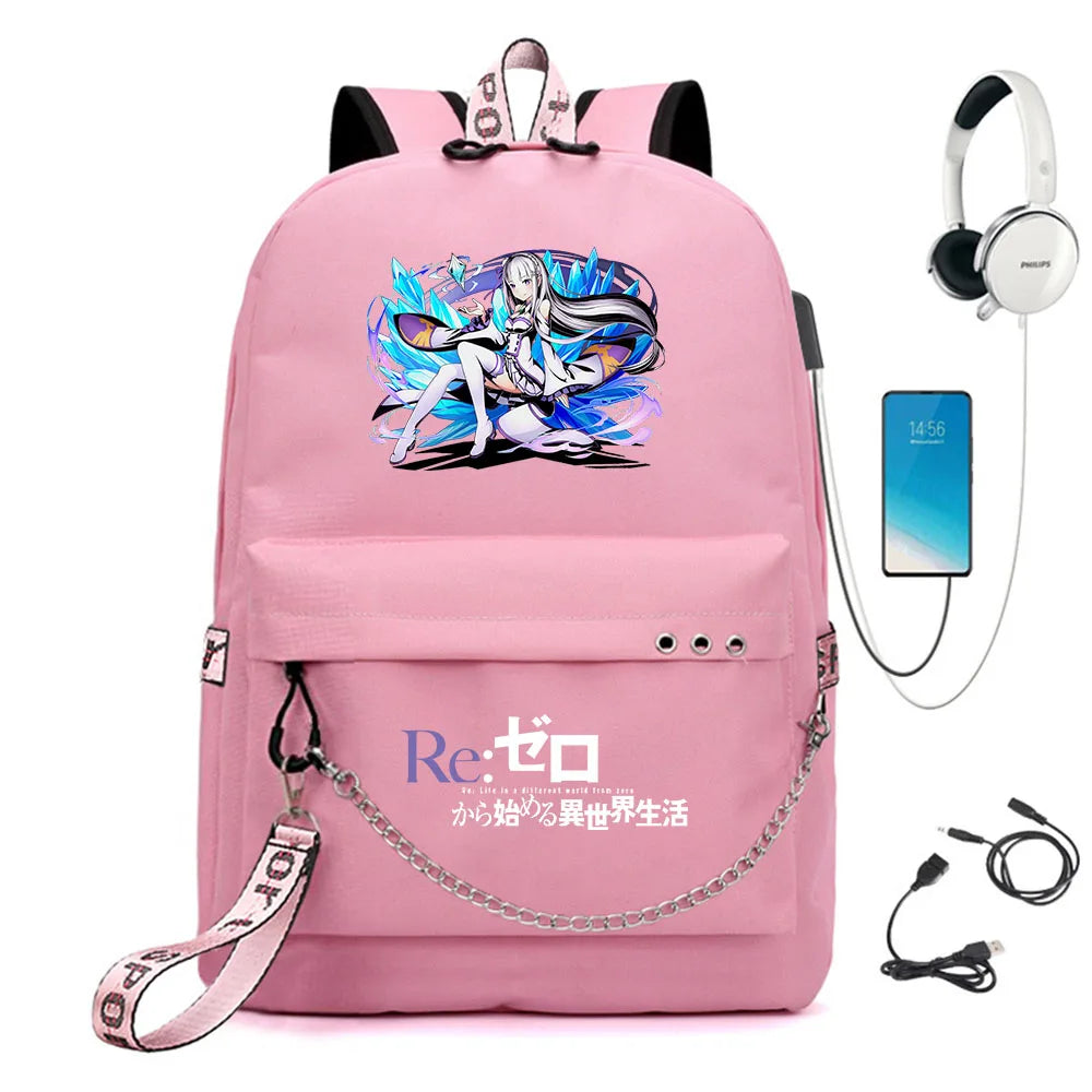 Re:Zero Nylon Backpack USB Schoolbag Teen Knapsack Bookbag