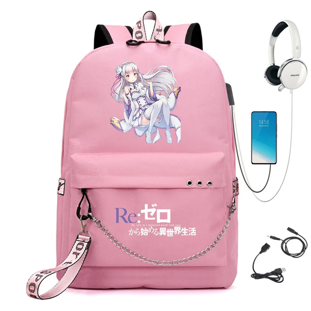 Re:Zero Nylon Backpack USB Schoolbag Teen Knapsack Bookbag