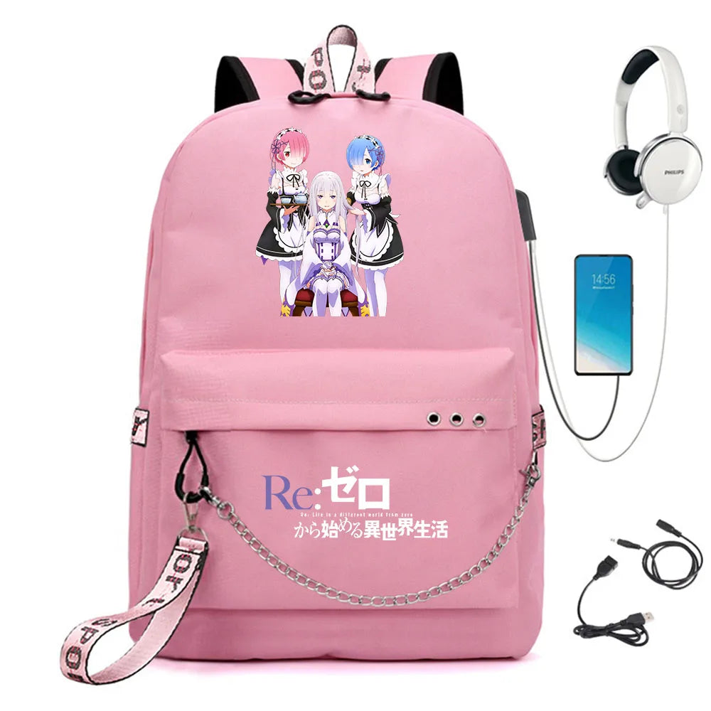 Re:Zero Nylon Backpack USB Schoolbag Teen Knapsack Bookbag