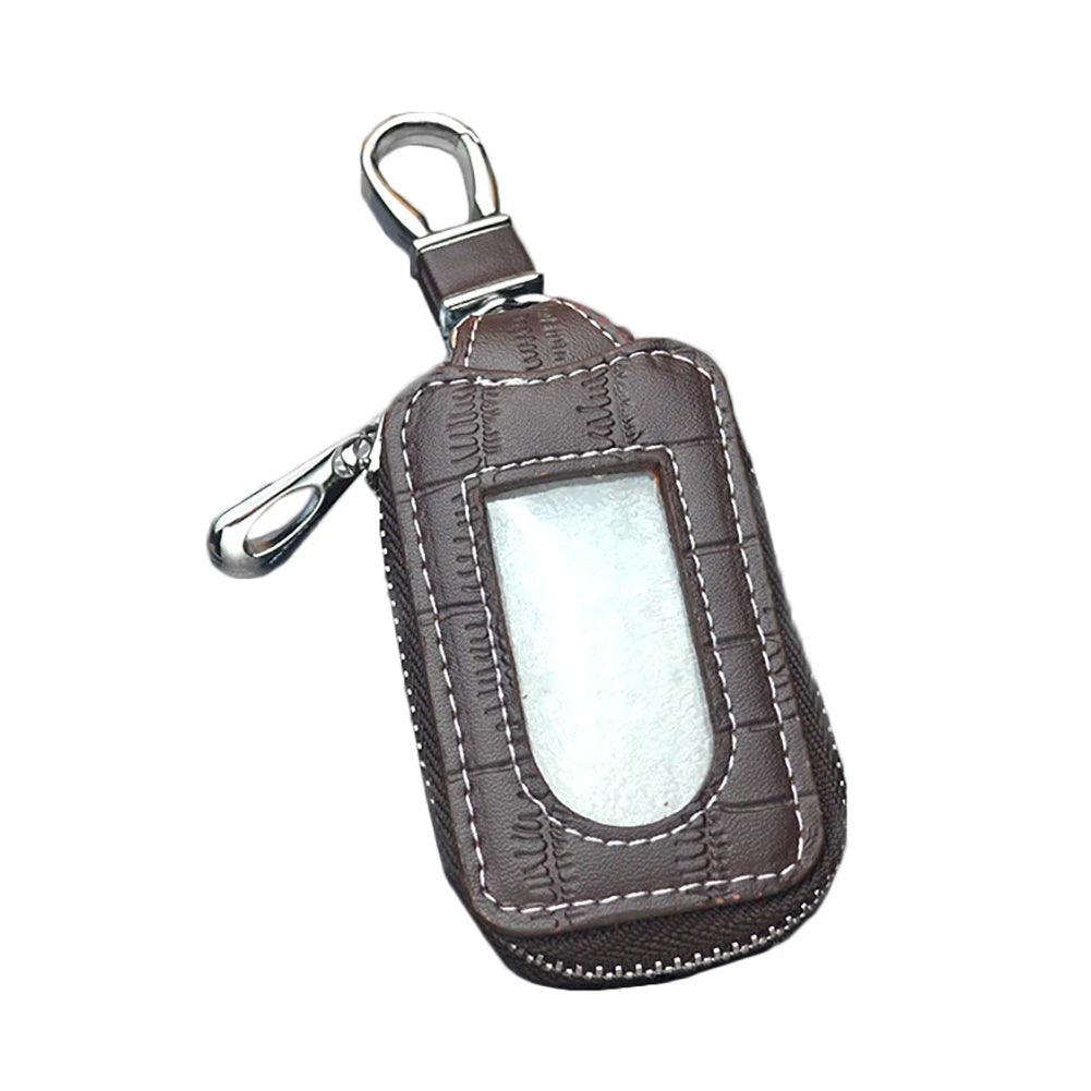 Genuine Leather Zipper Key Holder Case with Transparent Window
