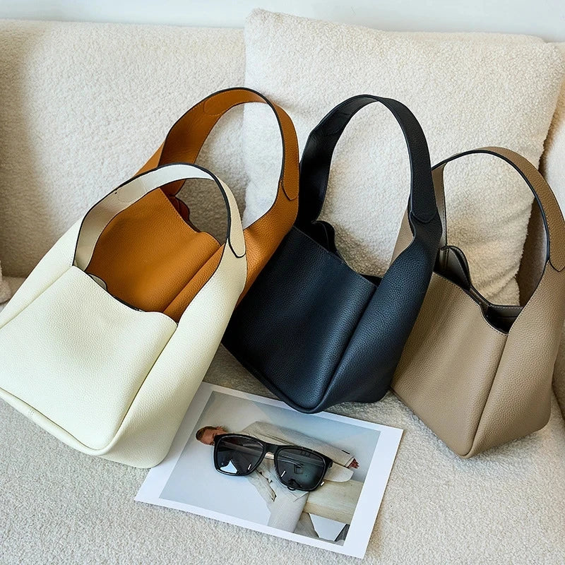 Real Leather Women's Shoulder Bag Handbag First Layer Cowhide Bucket Cabbage Bas