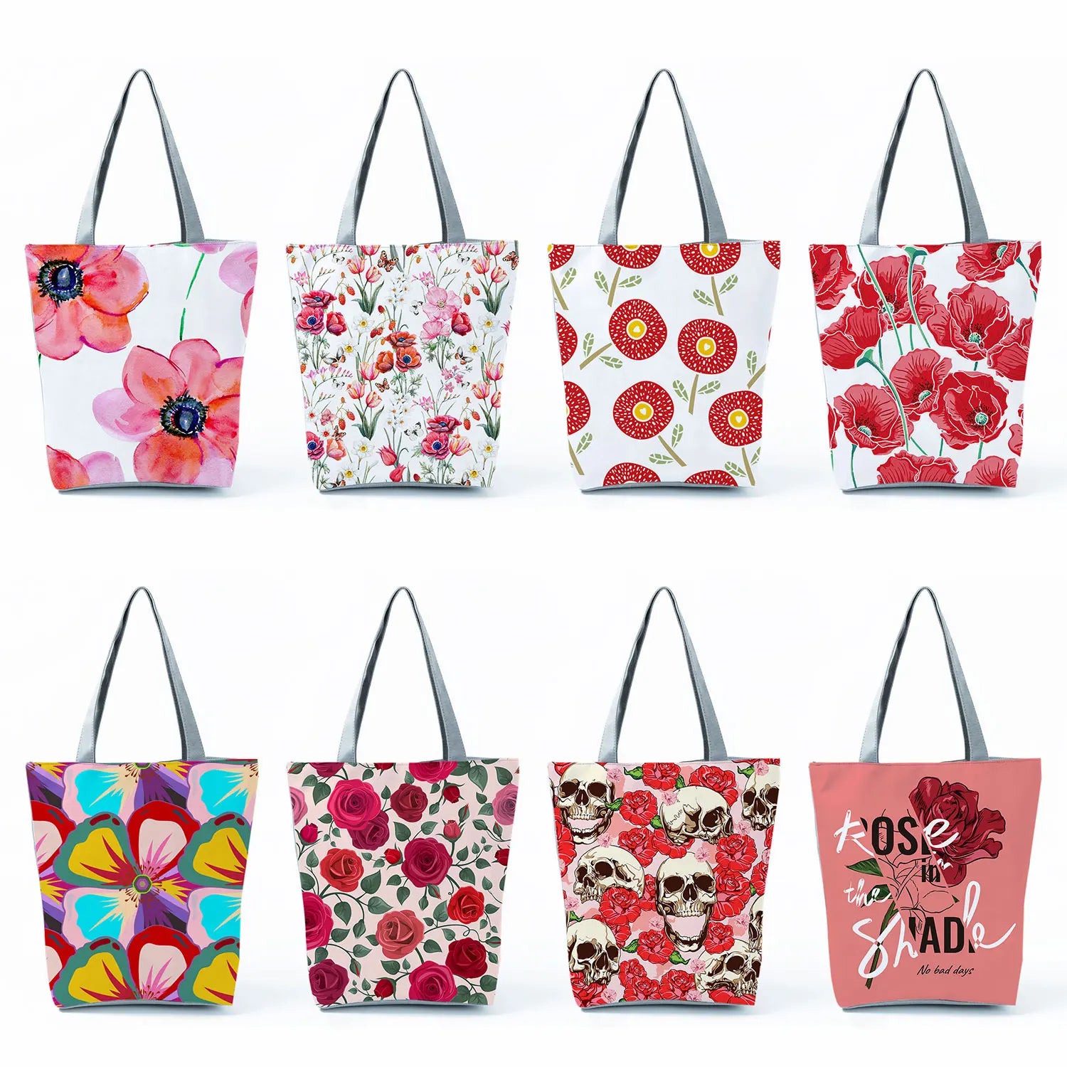 Red Floral Tote Bag Bright Colors Large Capacity Reusable Shopping Women