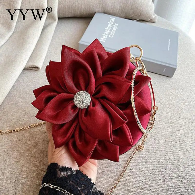 Red Flower Clutch Purse Crystal Diamond Wedding Silk Handbag