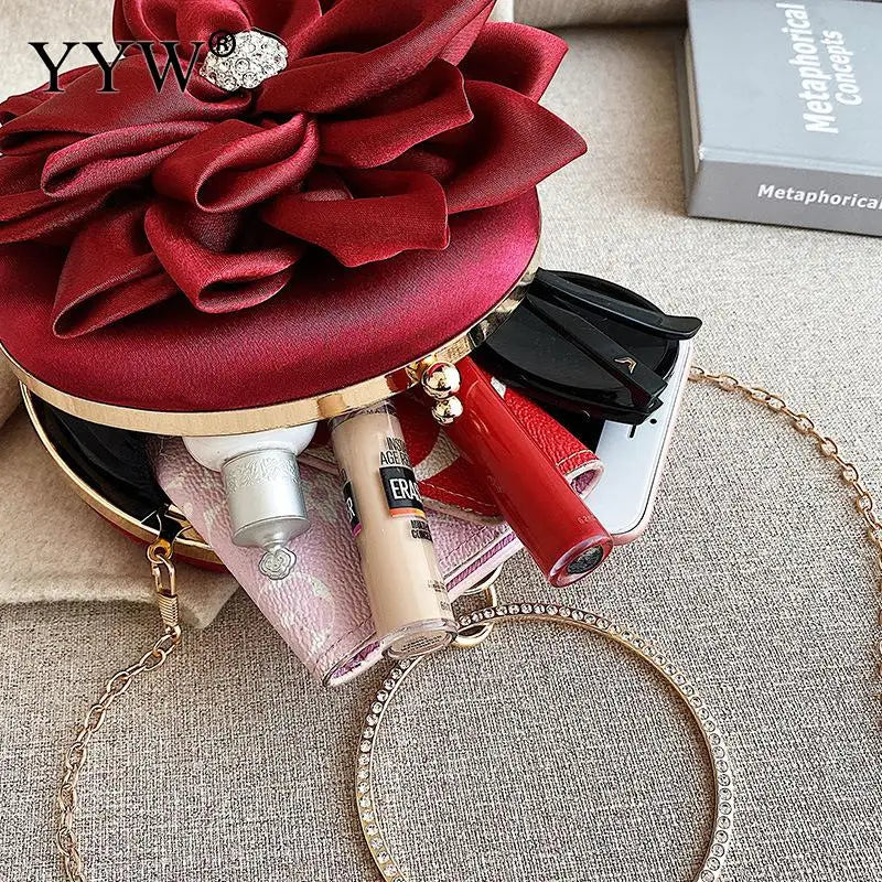 Red Flower Clutch Purse Crystal Diamond Wedding Silk Handbag