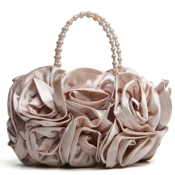 Red Rose Bush Satin Evening Bag Beaded Handle Totes Wedding Handbag