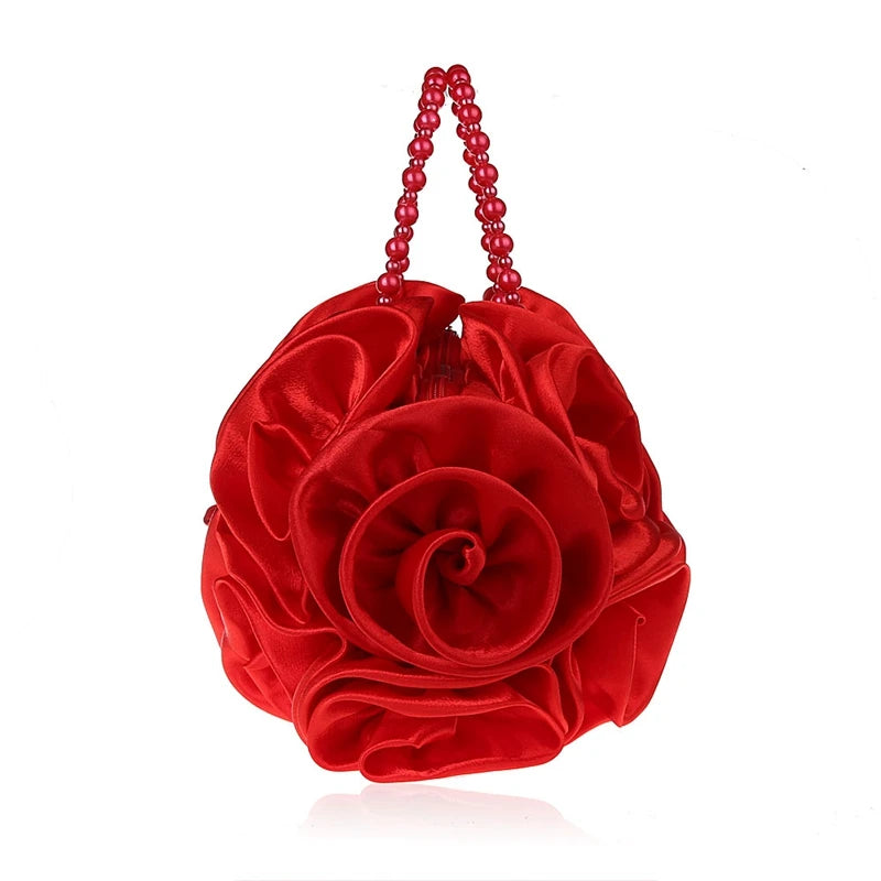 Red Rose Bush Satin Evening Bag Beaded Handle Totes Wedding Handbag