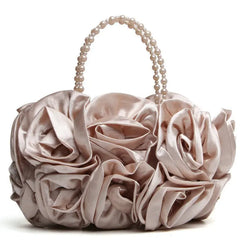 Red Rose Bush Satin Evening Bag Beaded Handle Totes Wedding Handbag