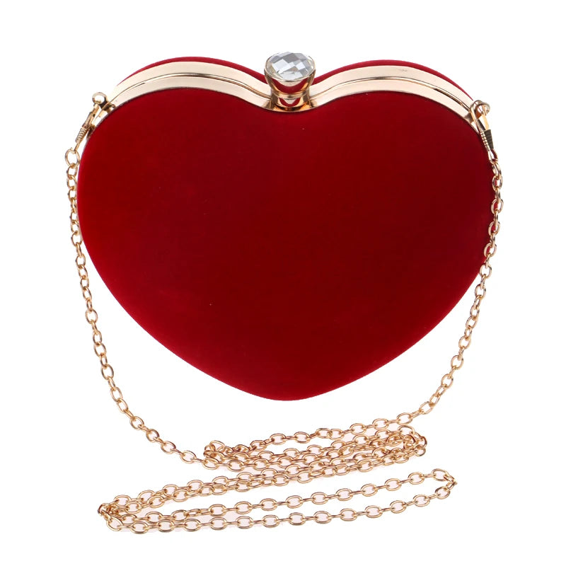Red Heart Women Clutch Small Diamonds Golden Velvet Evening Bags