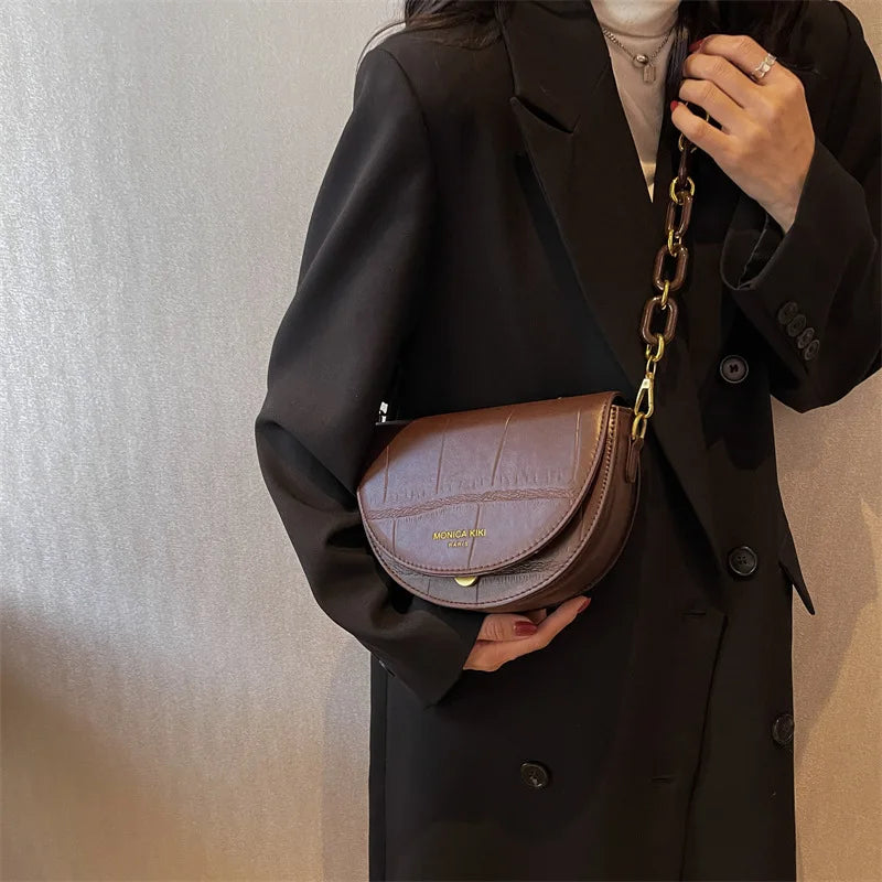 Retro Chains Saddle Bag Flap Shoulder Crossbody Handbag