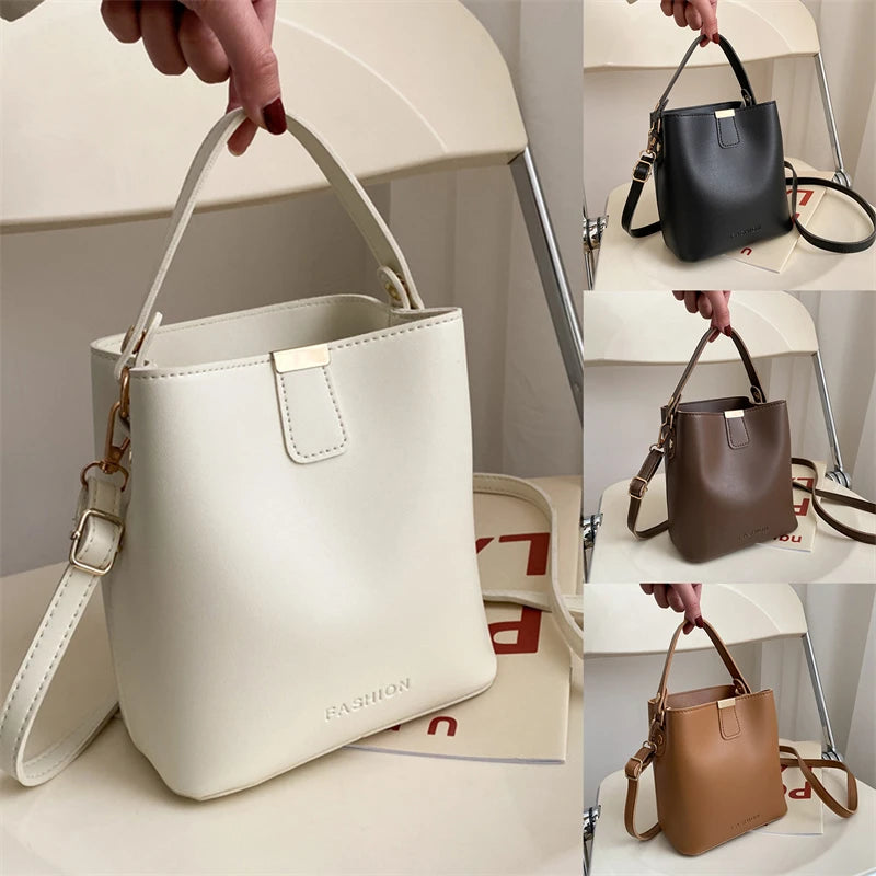 Retro Bucket Bag Ladies Shoulder Bag Solid Texture PU Messenger Bag