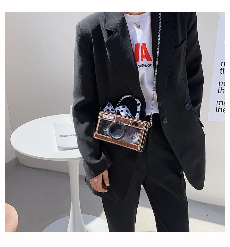 Vintage Camera Style Ladies Party Handbag with Chain Shoulder Bag