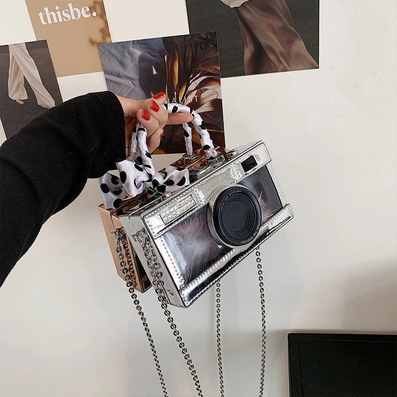 Vintage Camera Style Ladies Party Handbag with Chain Shoulder Bag