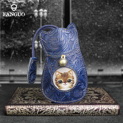 Retro Cat Key Bag Real Leather Holder Case