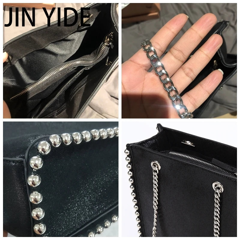 Retro Chains Rivet Large Tote Bead Shoulder Bag PU Leather Messenger Lady Bucket