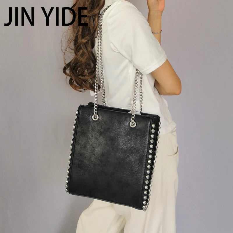 Retro Chains Rivet Large Tote Bead Shoulder Bag PU Leather Messenger Lady Bucket