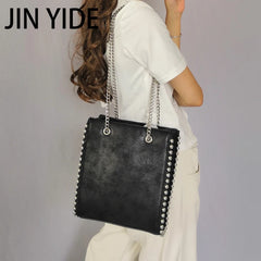 Retro Chains Rivet Large Tote Bead Shoulder Bag PU Leather Messenger Lady Bucket
