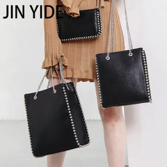 Retro Chains Rivet Large Tote Bead Shoulder Bag PU Leather Messenger Lady Bucket