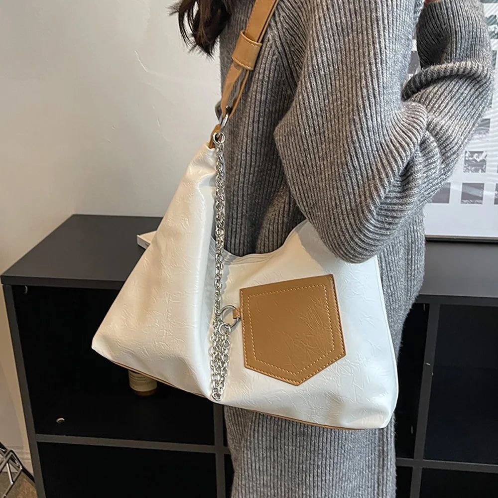 Retro Women Tote Bags Contrast Patchwork Shoulder Bags Large Capacity Chains Dec