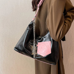 Retro Women Tote Bags Contrast Patchwork Shoulder Bags Large Capacity Chains Dec