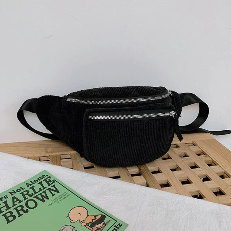 Corduroy Waist Bag Zipper Chest Bag Sport Travel Girl Waist Belt Bag