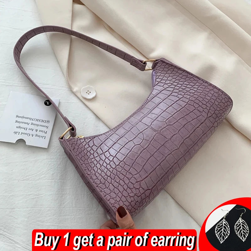 Retro Crocodile Pattern Shoulder Bag Women Bag PU Leather Armpit Bag