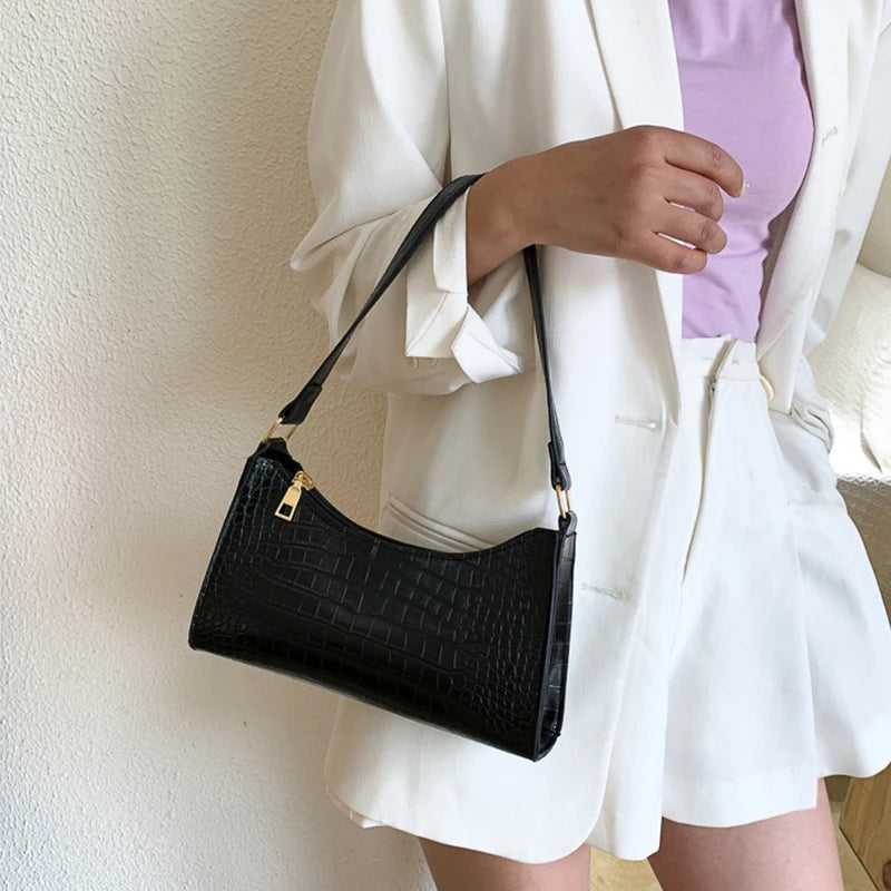 Retro Crocodile Pattern Shoulder Bag Women Bag PU Leather Armpit Bag
