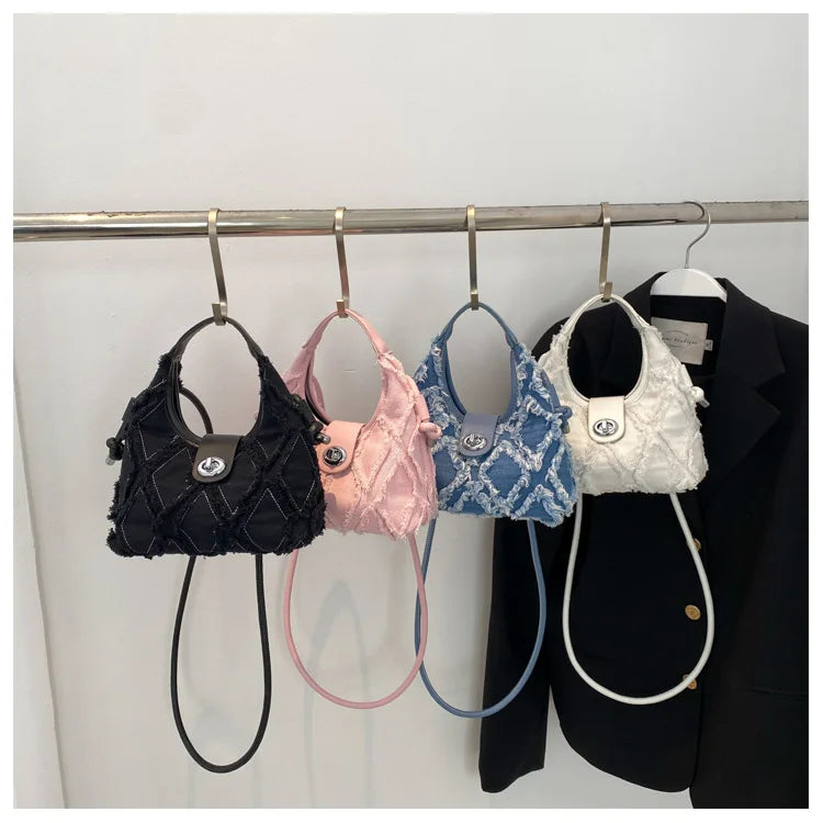 Retro Denim Shoulder Bag for Women Half Moon Hobos Ladies Small Purse