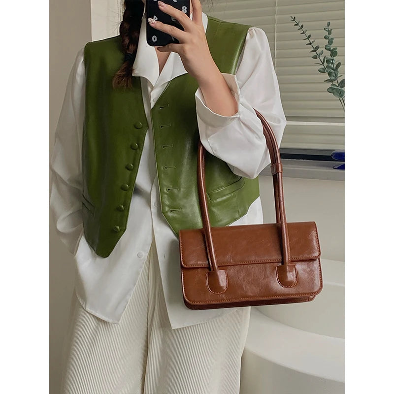 Retro Women's Underarm Bags Oil Wax Leather Ladies Tote Handbags