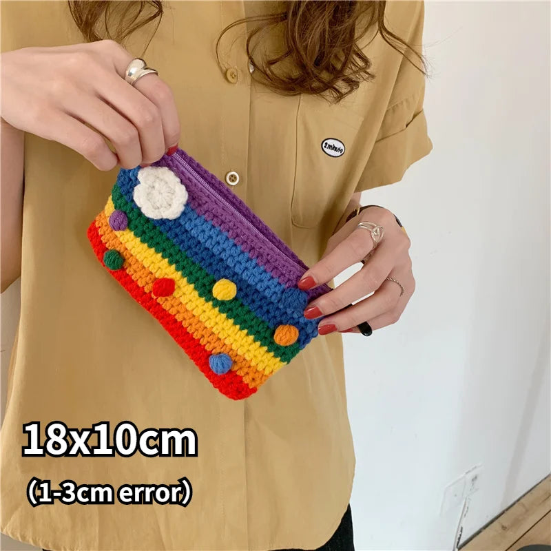 Rainbow Knitting Tote Bag for Women, Retro Style Shopper Purse