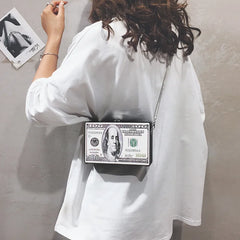 Retro Dollar Pattern Box Leather Clutch Bag Chain Purse Shoulder Bag