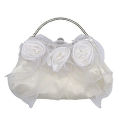 Romantic Rose Flower Decor Beige Handbag Women Wedding Party Silver Shoulder Bag
