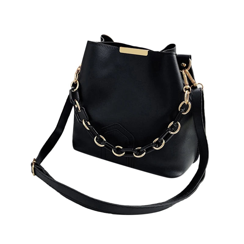 Retro Female Chain Tote Bucket Bag Women Chain Pu Leather Portable Handbag