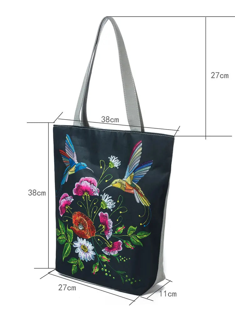 Retro Embroidery Floral Bird Printed Handbag For Women