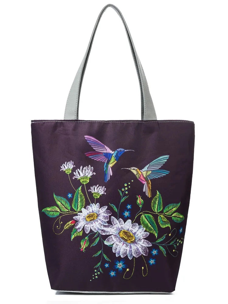 Retro Flower Bird Embroidery Printed Handbag Large All-match Shoulder Bag