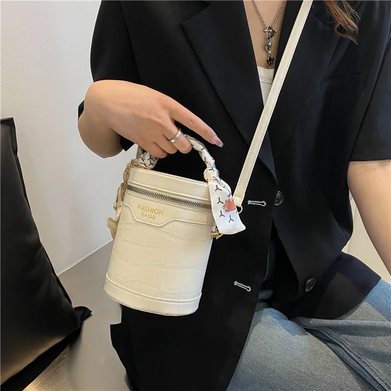 Crocodile Pattern Cylinder Crossbody Handbag with Silk Scarf