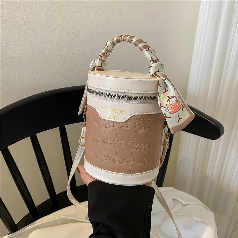 Crocodile Pattern Cylinder Crossbody Handbag with Silk Scarf