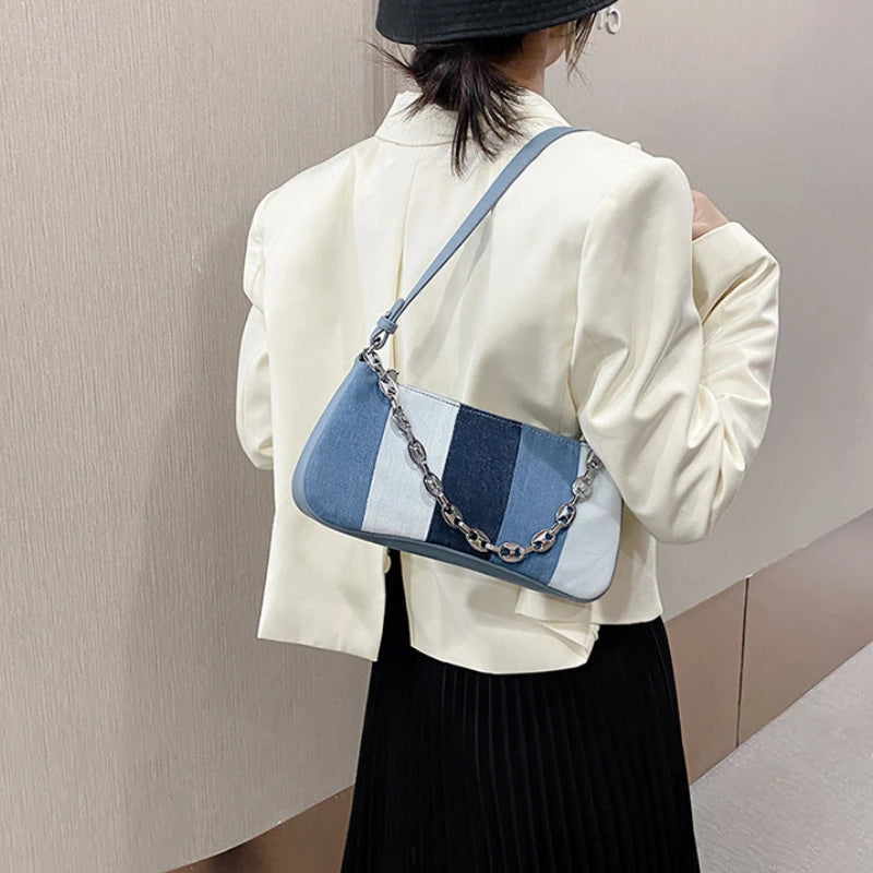 Retro Denim Stitching Women's Underarm Bag Small Shoulder Handbag