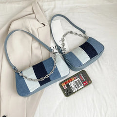 Retro Denim Stitching Women's Underarm Bag Small Shoulder Handbag