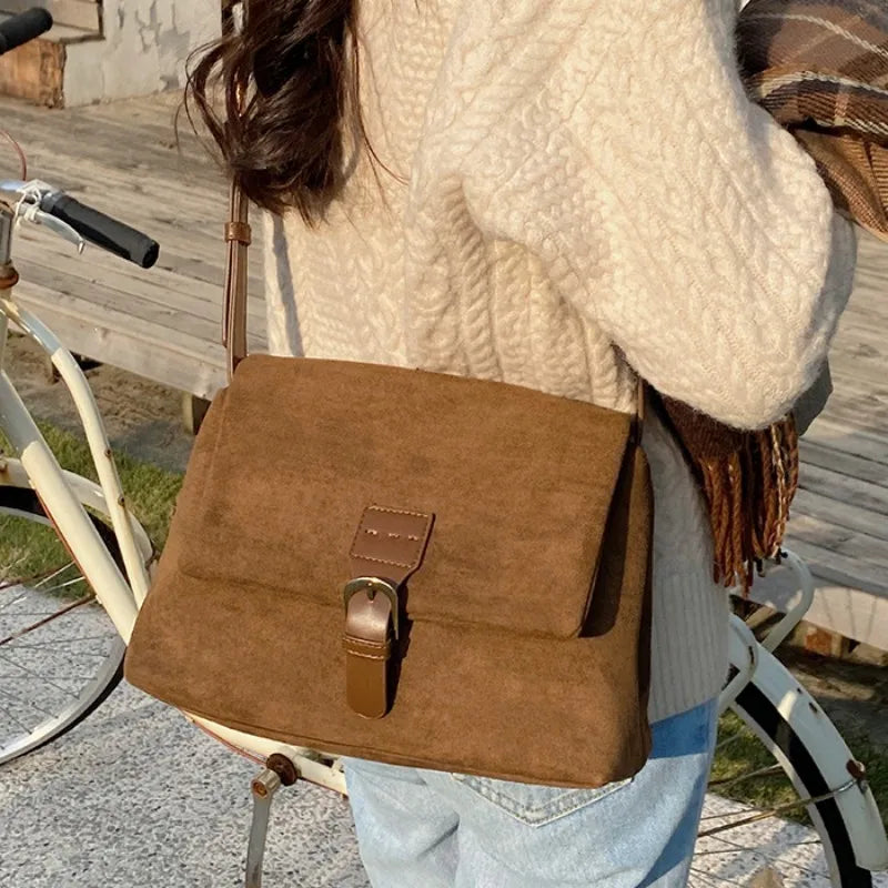 Retro Faux Suede Women's Shoulder Bag Large Tote Messenger Bags Solid Purse